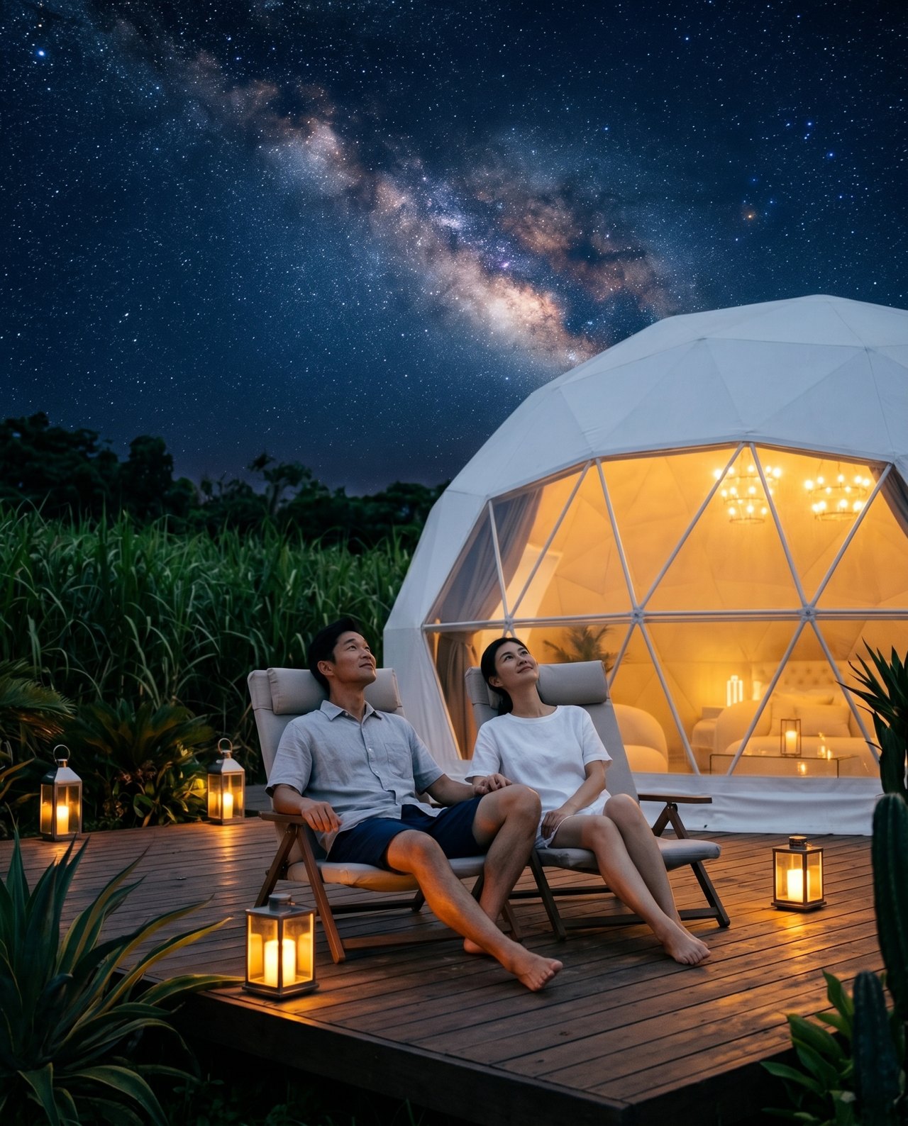 ドームのデッキで星空を見上げる二人